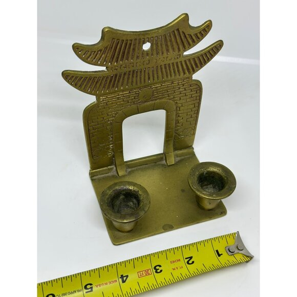 VTG Brass Pagoda-Inspired Double Candle Holder Heavy MCM Decor Style Gold - Picture 6 of 6